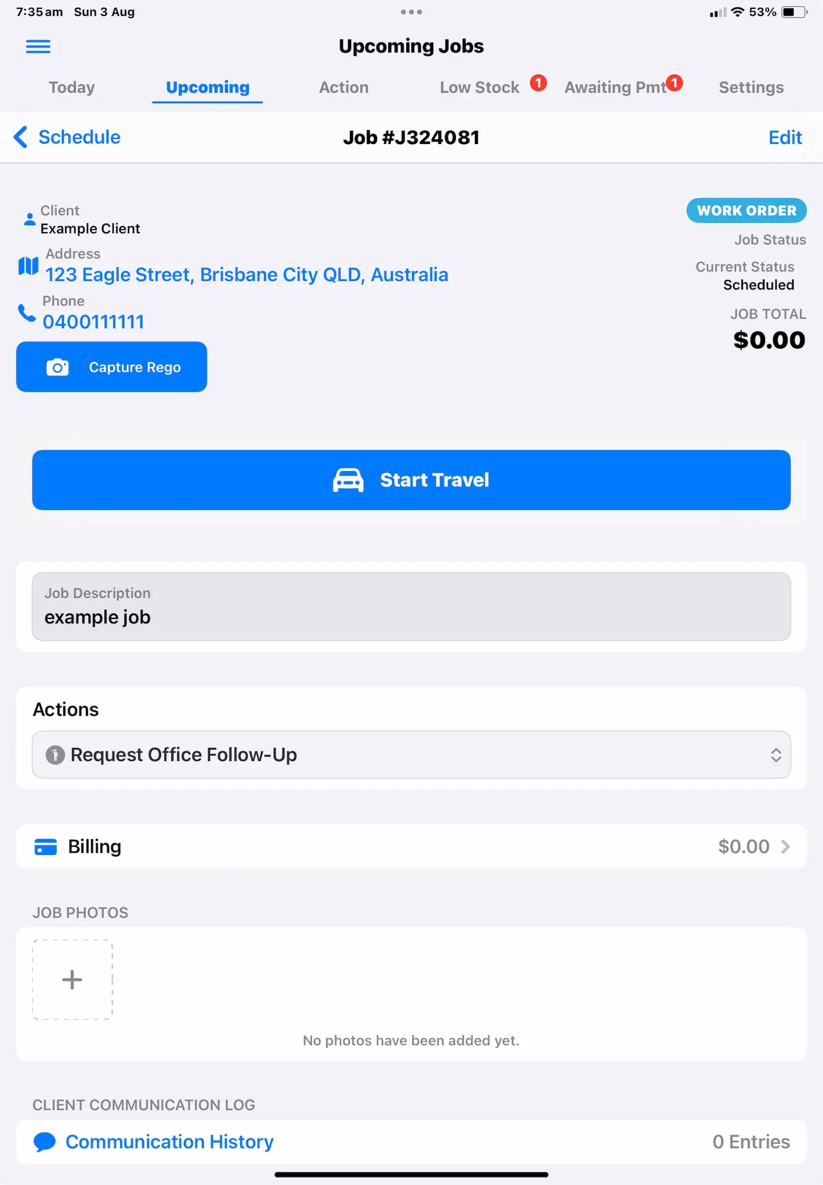 iPad screenshot showing job details.